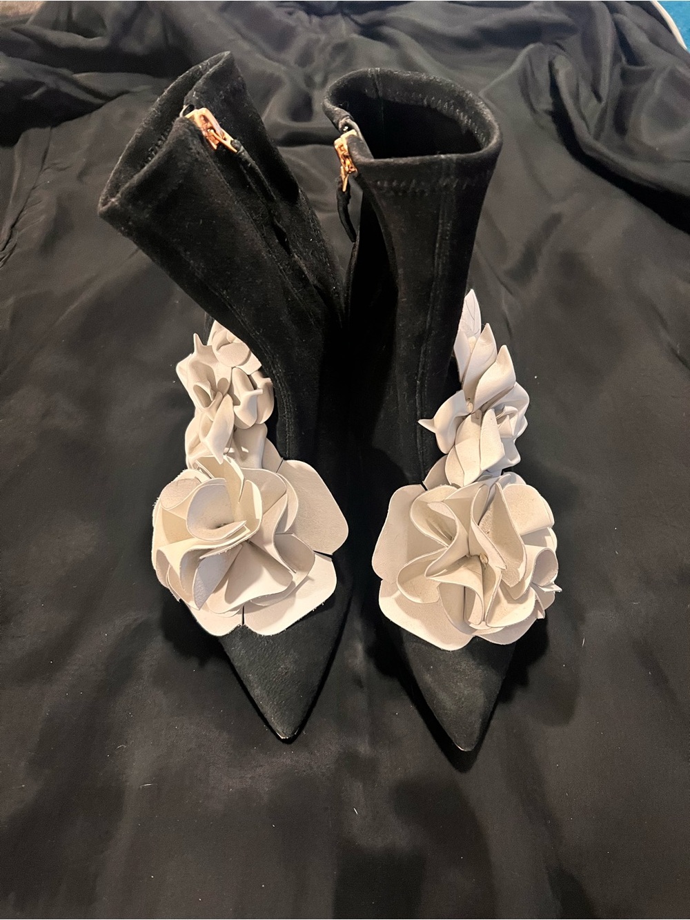 Sophia Webster Black Suede Pointed Toe Ankle Boots with Cream Floral Appliqués